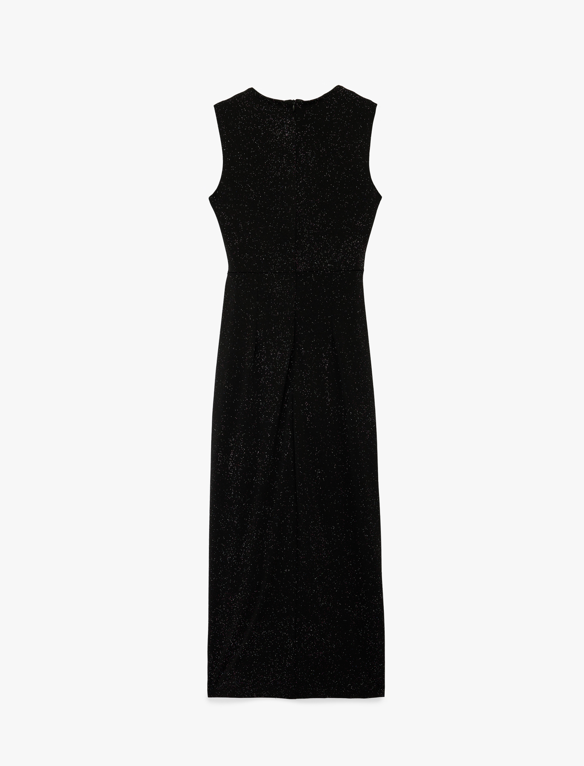   Yırtmaç Detaylı Kolsuz Bisiklet Yaka Metal Aksesuarlı Sim Detaylı Midi Elbise