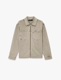 Uzun Kollu Pamuklu Cepli Fermuarlı Jean Gömlek Ceket