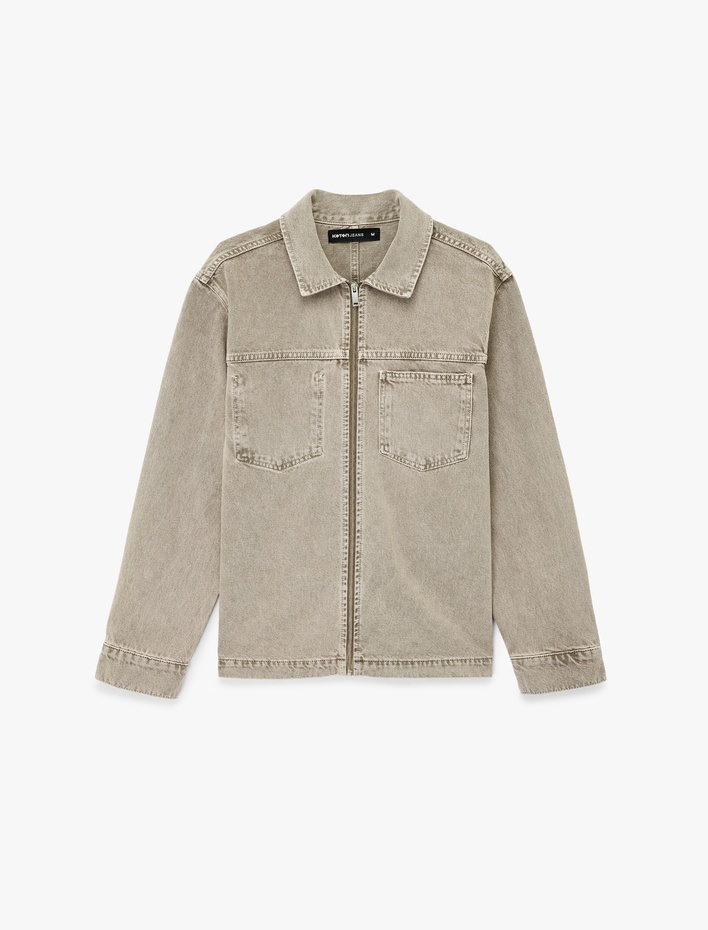  Uzun Kollu Pamuklu Cepli Fermuarlı Jean Gömlek Ceket