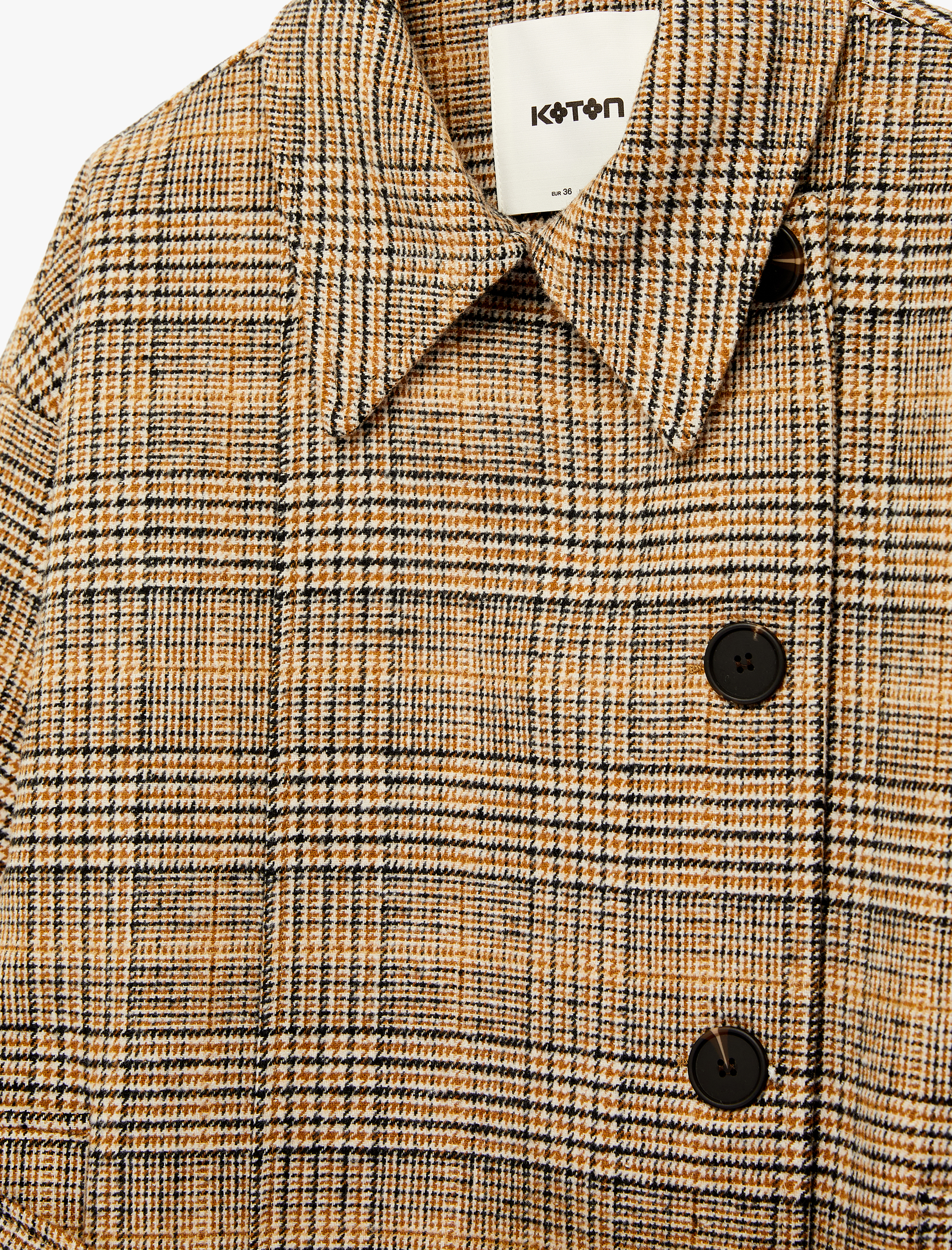   Uzun Kollu Düğmeli Kruvaze Kemerli Ekose Kaşe Kaban