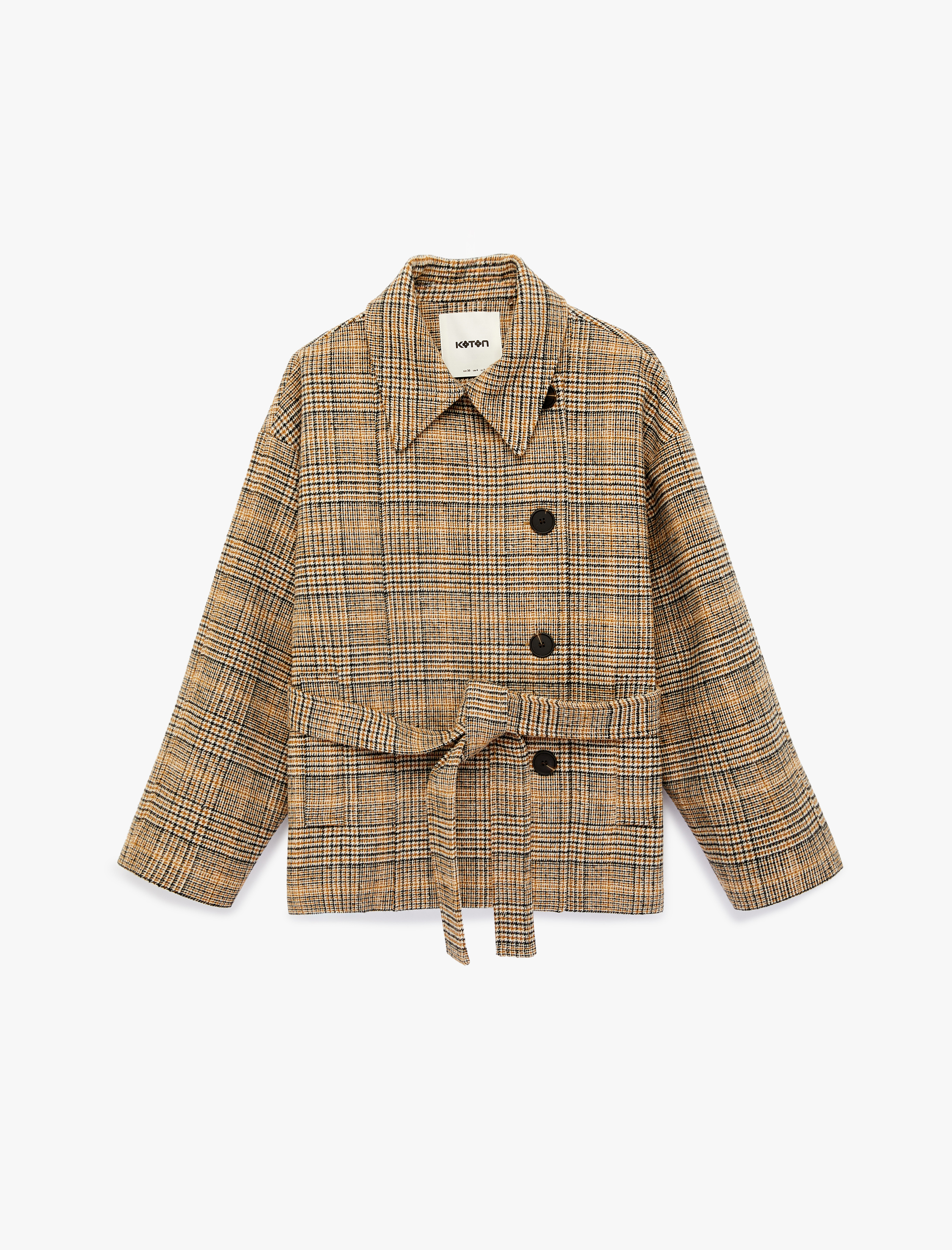   Uzun Kollu Düğmeli Kruvaze Kemerli Ekose Kaşe Kaban