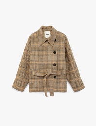 Uzun Kollu Düğmeli Kruvaze Kemerli Ekose Kaşe Kaban