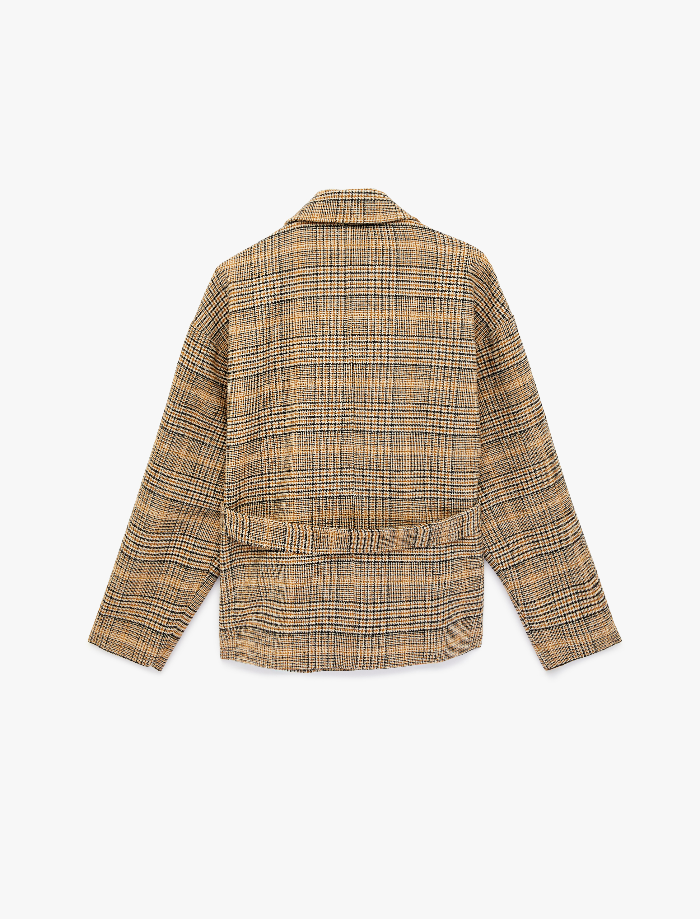   Uzun Kollu Düğmeli Kruvaze Kemerli Ekose Kaşe Kaban