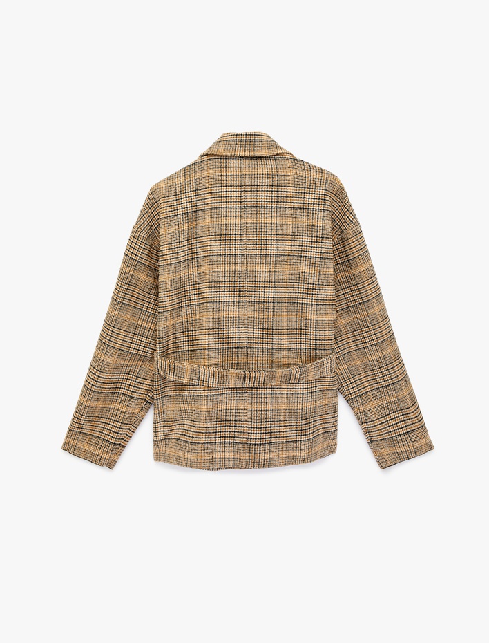  Uzun Kollu Düğmeli Kruvaze Kemerli Ekose Kaşe Kaban