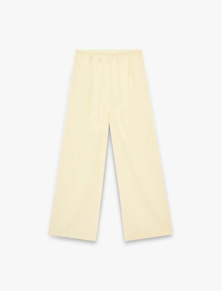  Beli Bağcıklı Viskon Karışımlı Uzun Geniş Paça Pantolon
