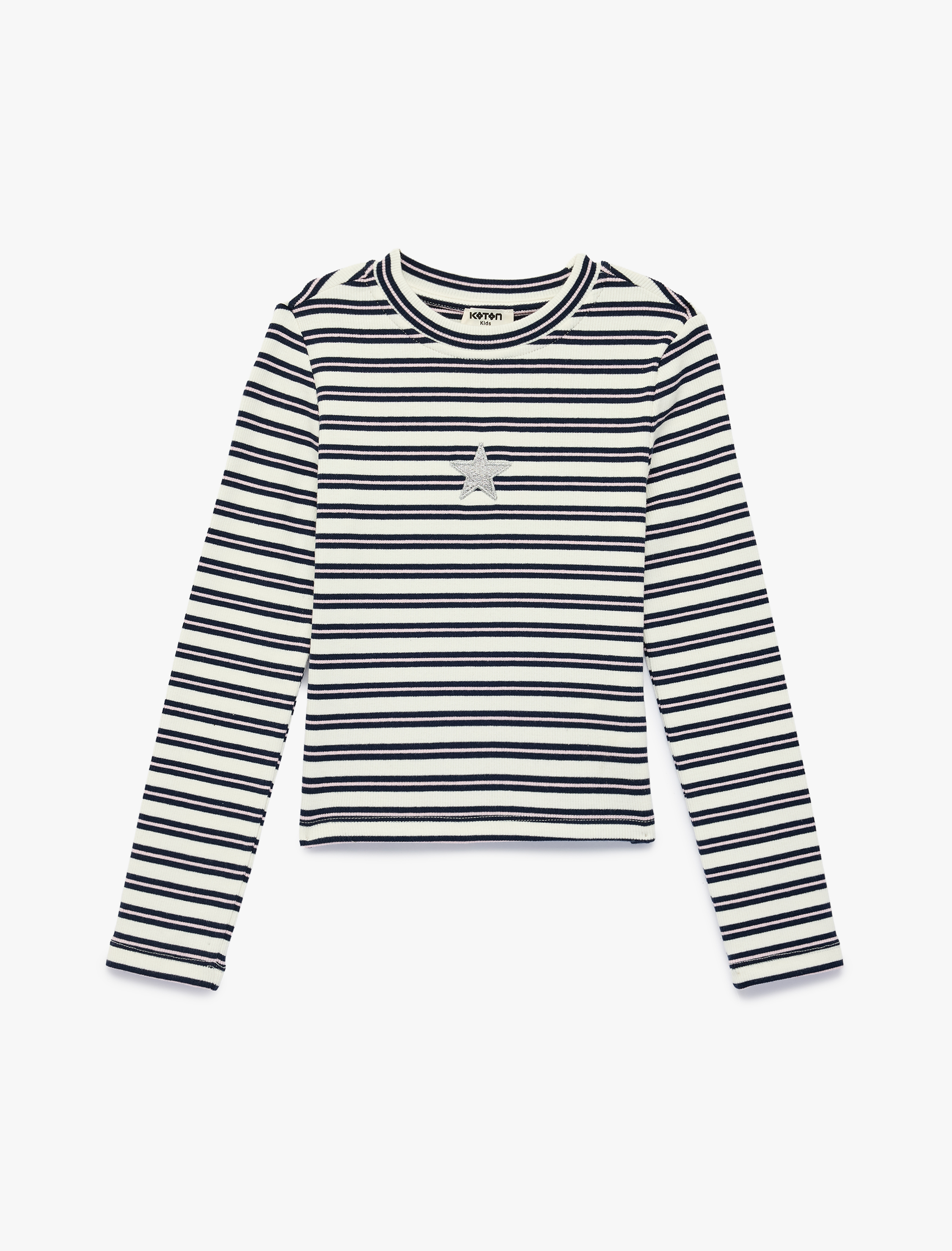  Kız Çocuk Pamuklu Uzun Kollu Bisiklet Yaka Nakış Detaylı Çizgili Tişört