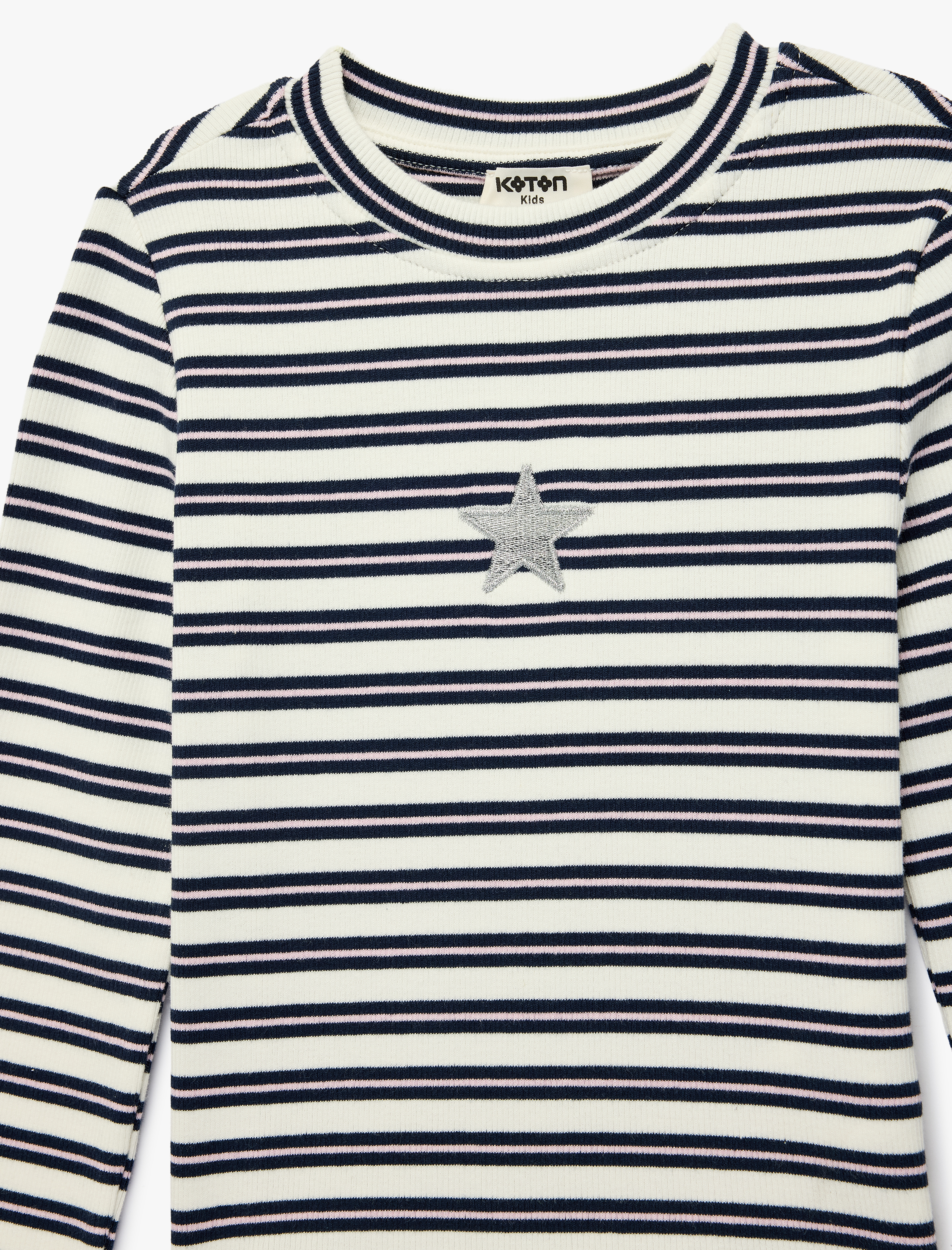  Kız Çocuk Pamuklu Uzun Kollu Bisiklet Yaka Nakış Detaylı Çizgili Tişört