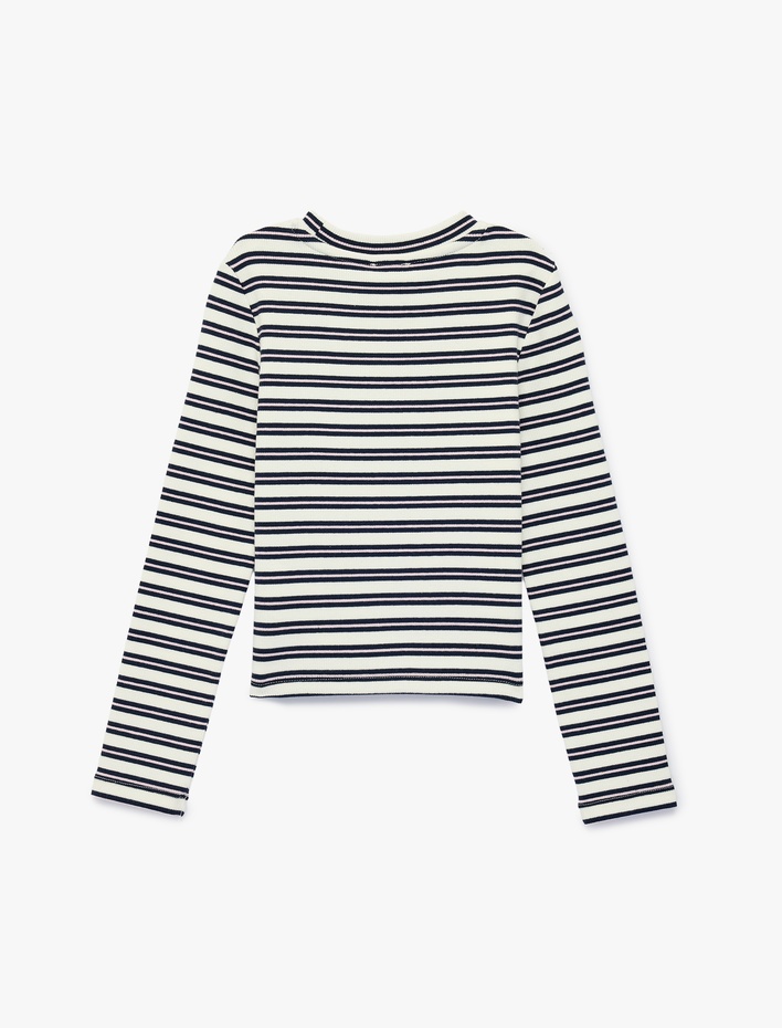 Kız Çocuk Pamuklu Uzun Kollu Bisiklet Yaka Nakış Detaylı Çizgili Tişört