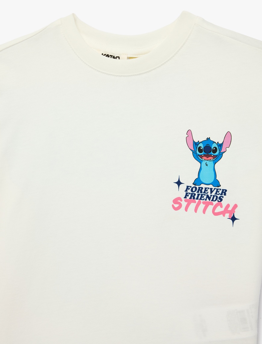 Ekru Kız Çocuk Stitch Baskılı Kısa Kollu Pamuklu Bisiklet Yaka