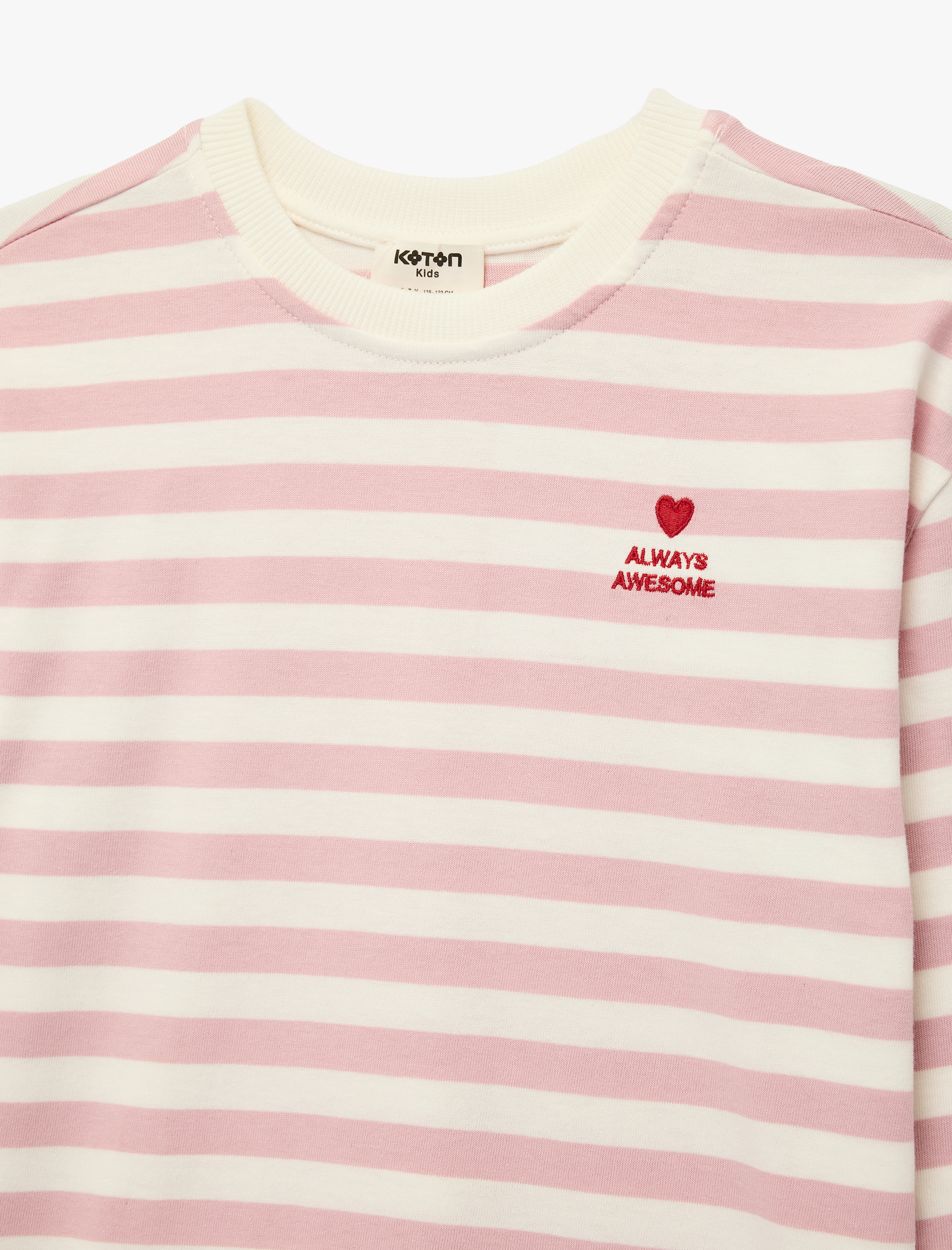  Kız Çocuk Pamuklu Uzun Kollu Bisiklet Yaka Nakışlı Çizgili Tişört