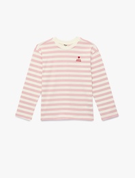 Pamuklu Uzun Kollu Bisiklet Yaka Nakışlı Çizgili Tişört