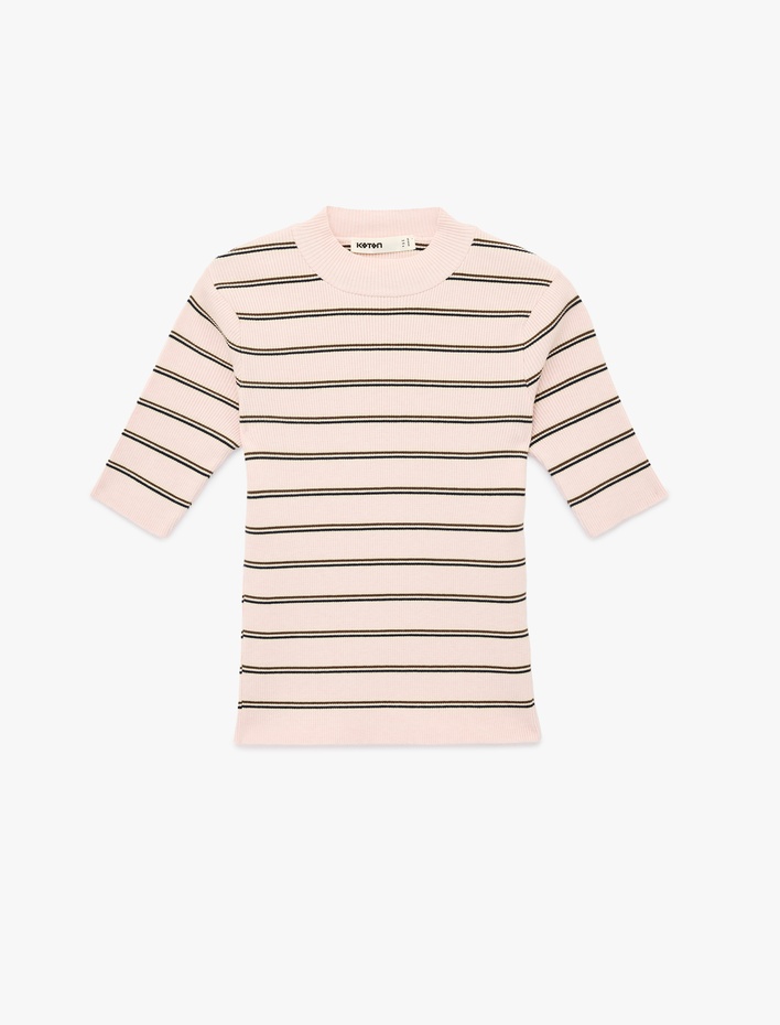  Regular Fit Hafif Dik Yaka Kısa Kollu Çizgili Triko Kazak