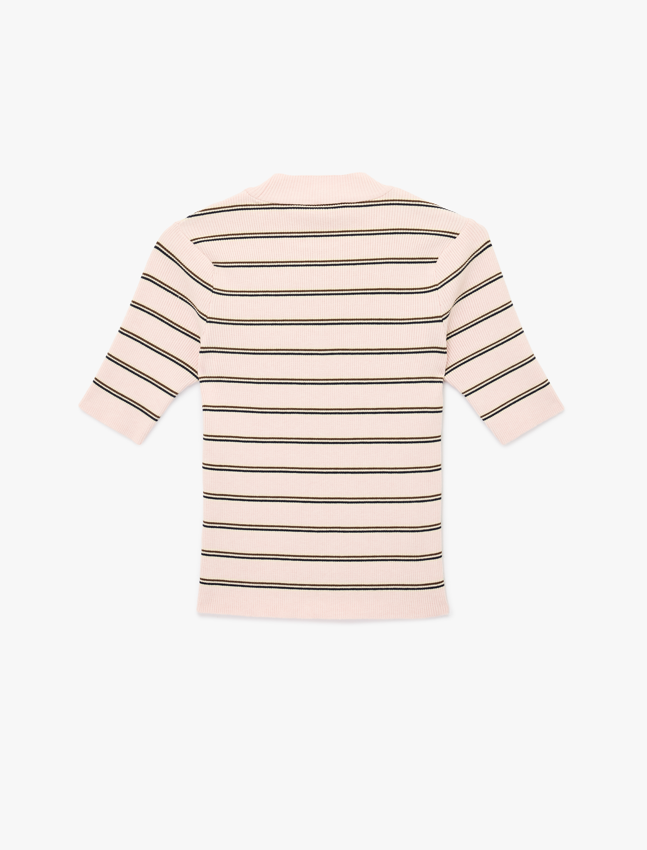   Regular Fit Hafif Dik Yaka Kısa Kollu Çizgili Triko Kazak