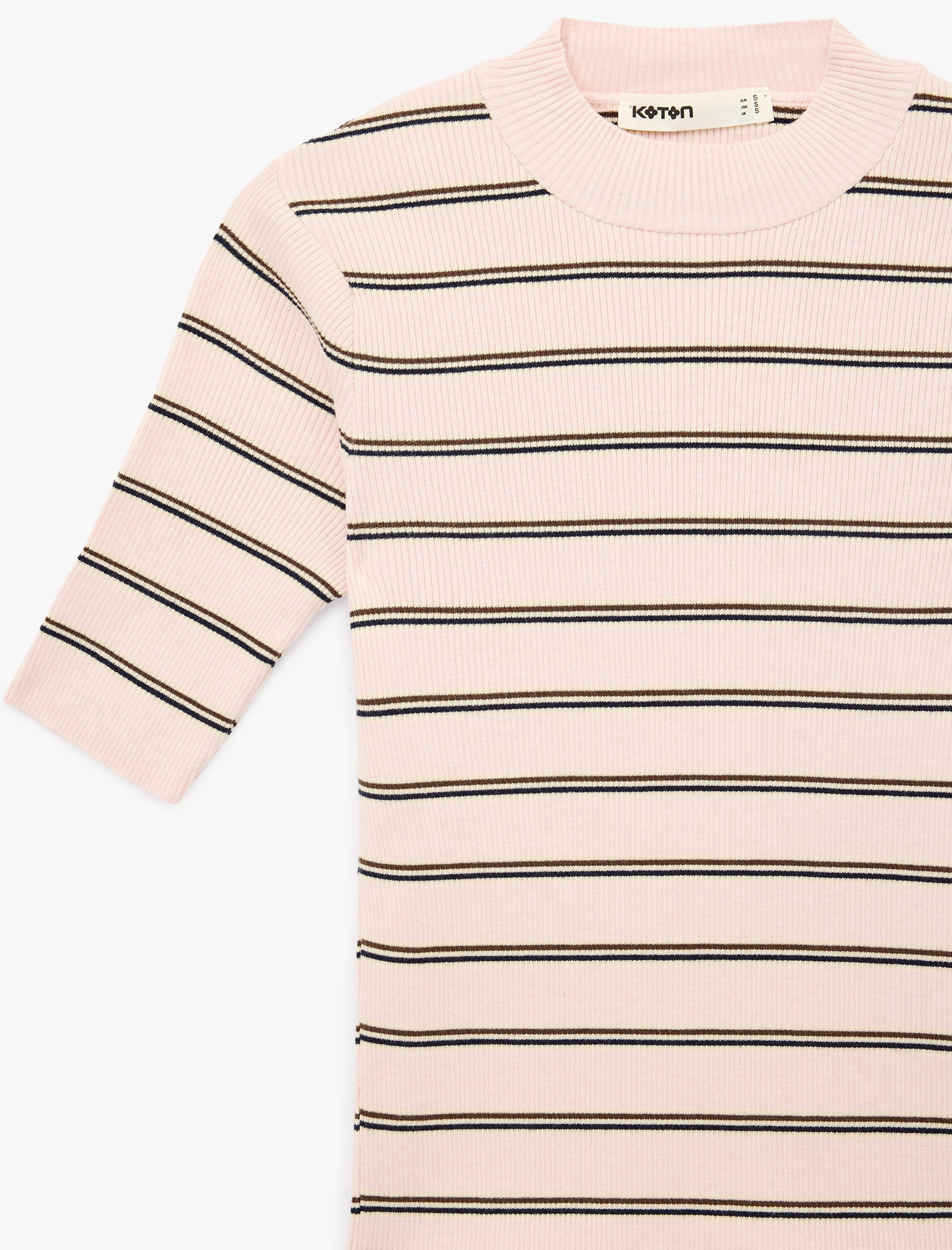   Regular Fit Hafif Dik Yaka Kısa Kollu Çizgili Triko Kazak