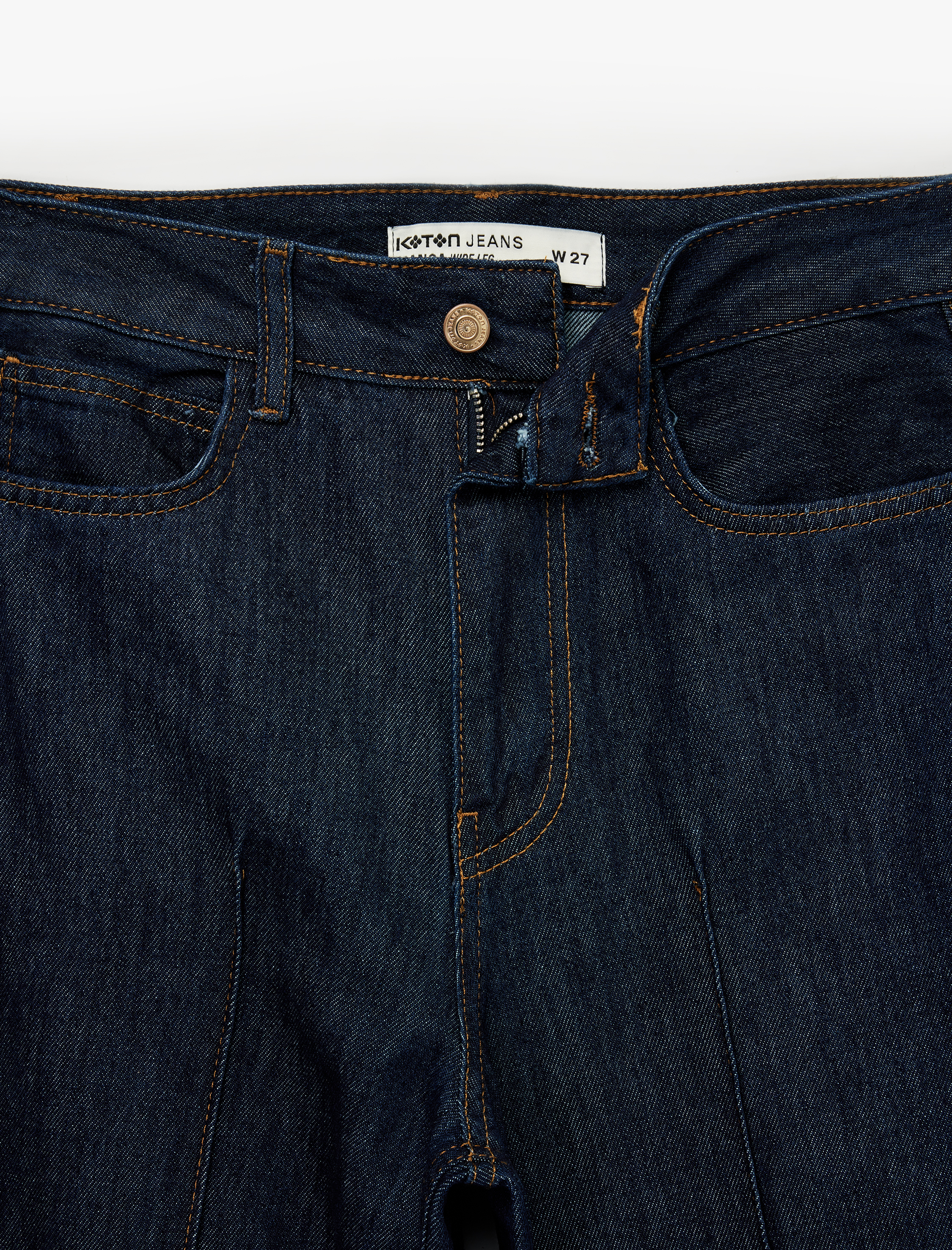   Pamuklu Düğmeli Yüksek Bel Nervürlü Geniş Paça Denim Pantolon -  Wide Leg Jeans