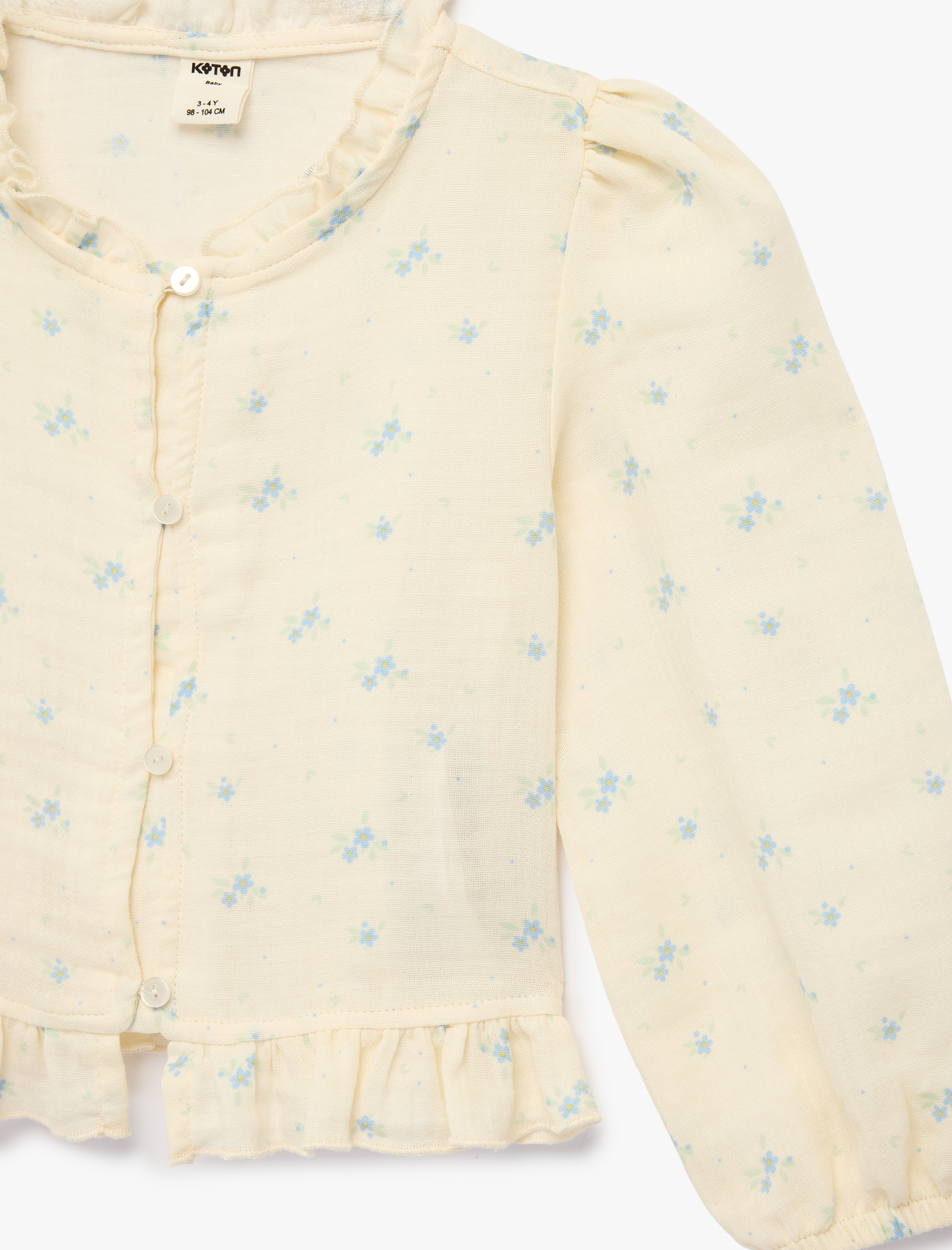  Kız Bebek Çiçek Desenli Balon Kollu Fırfırlı Yakalı Pamuklu Gömlek