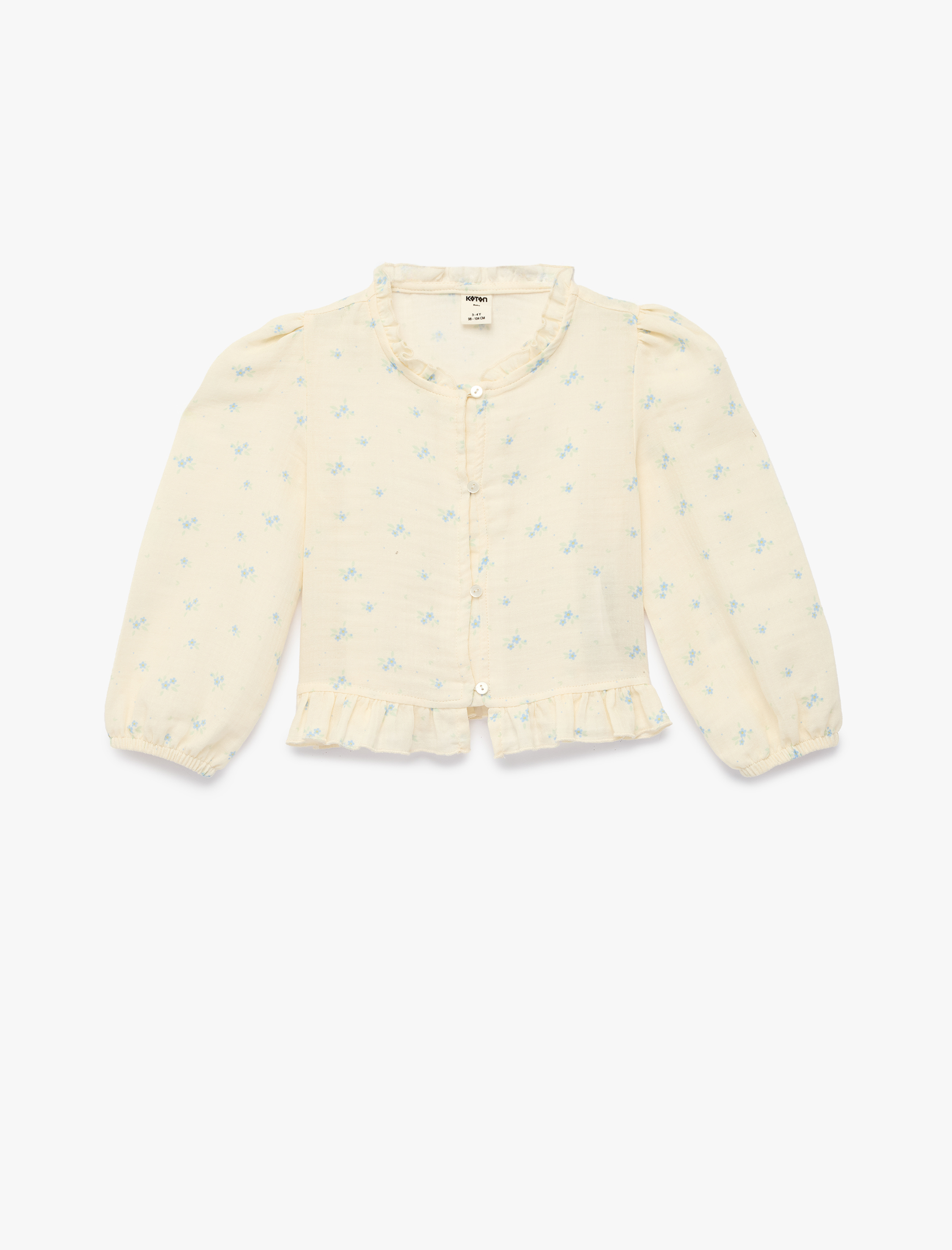  Kız Bebek Çiçek Desenli Balon Kollu Fırfırlı Yakalı Pamuklu Gömlek