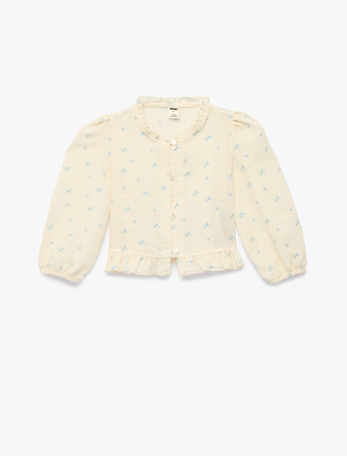 Kız Bebek Çiçek Desenli Balon Kollu Fırfırlı Yakalı Pamuklu Gömlek