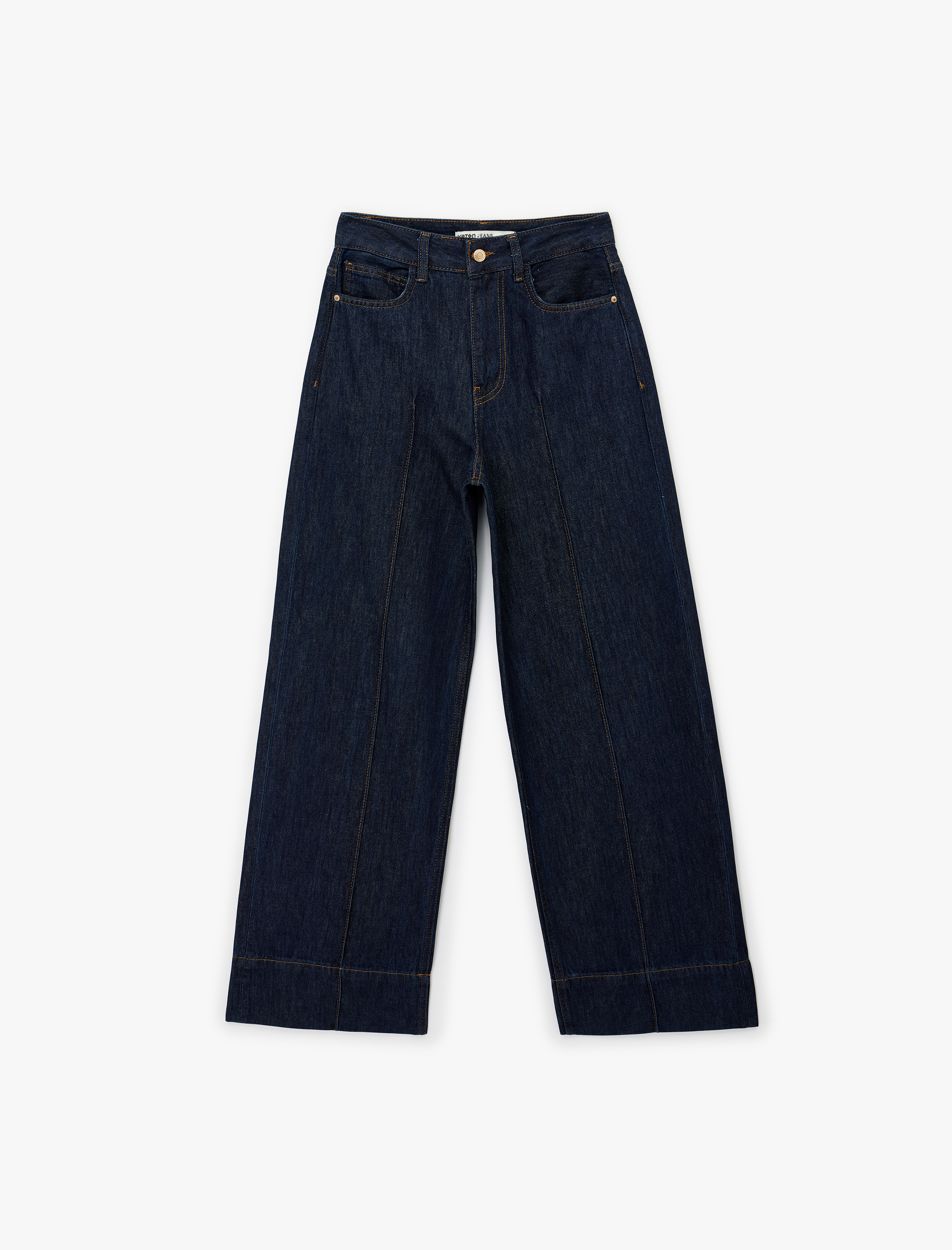   Pamuklu Düğmeli Yüksek Bel Nervürlü Geniş Paça Denim Pantolon -  Wide Leg Jeans