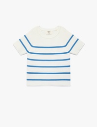 Viskon Karışımlı Kısa Kollu Bisiklet Yaka Çizgili Triko Kazak