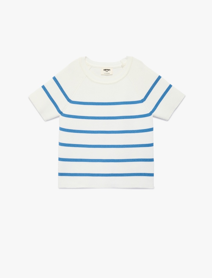 Kız Çocuk Viskon Karışımlı Kısa Kollu Bisiklet Yaka Çizgili Triko Kazak