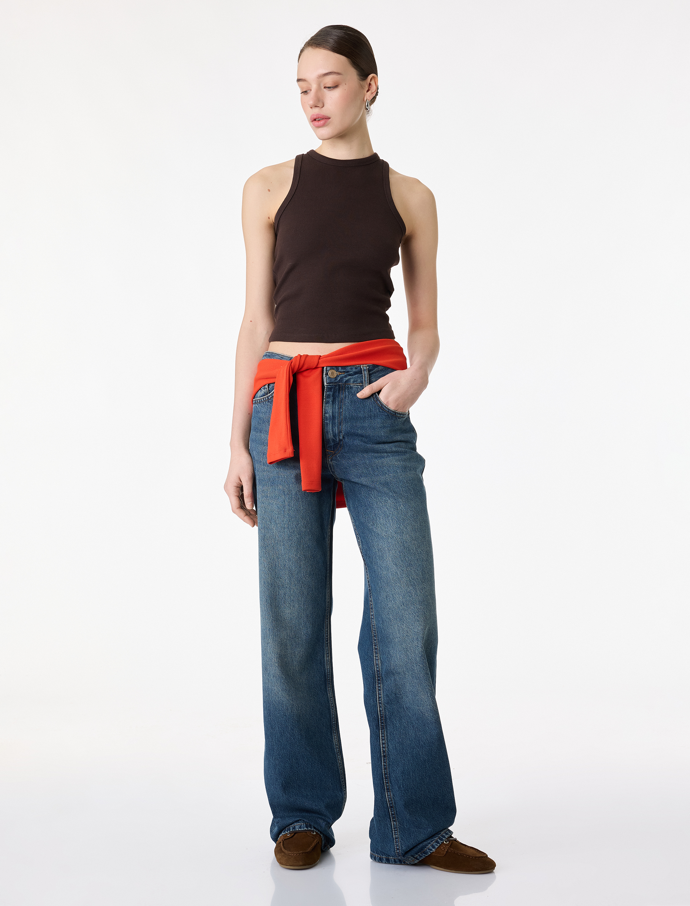   Normal Bel Cepli Düğmeli Düz Paça Pamuklu Denim Pantolon - Straight Fit Jean