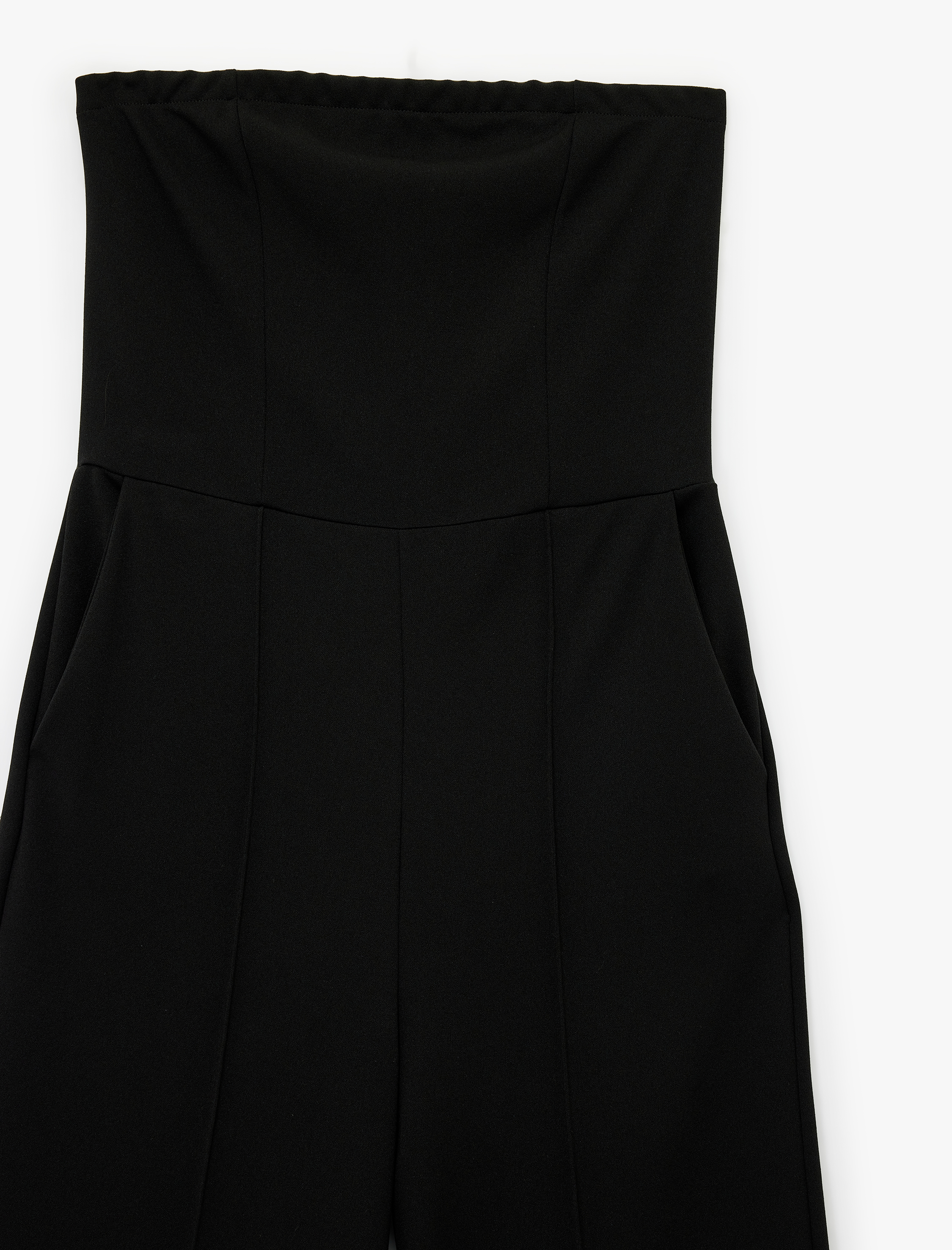   Krep Kumaş Cepli Nervür Detaylı Bol Paça Straplez Tulum