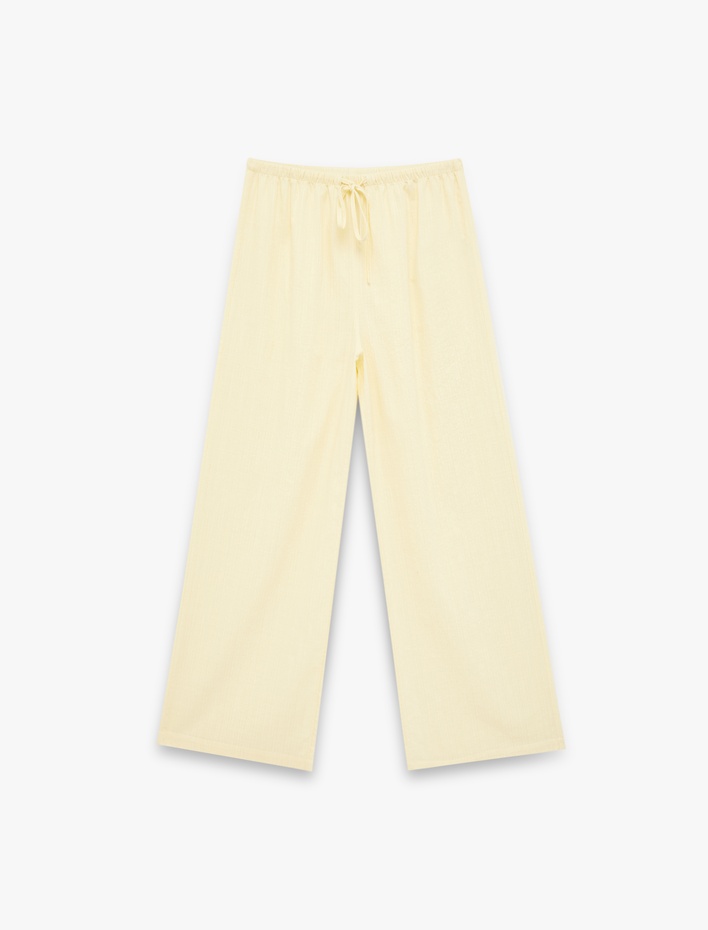 Beli Bağcıklı Viskon Karışımlı Uzun Geniş Paça Pantolon