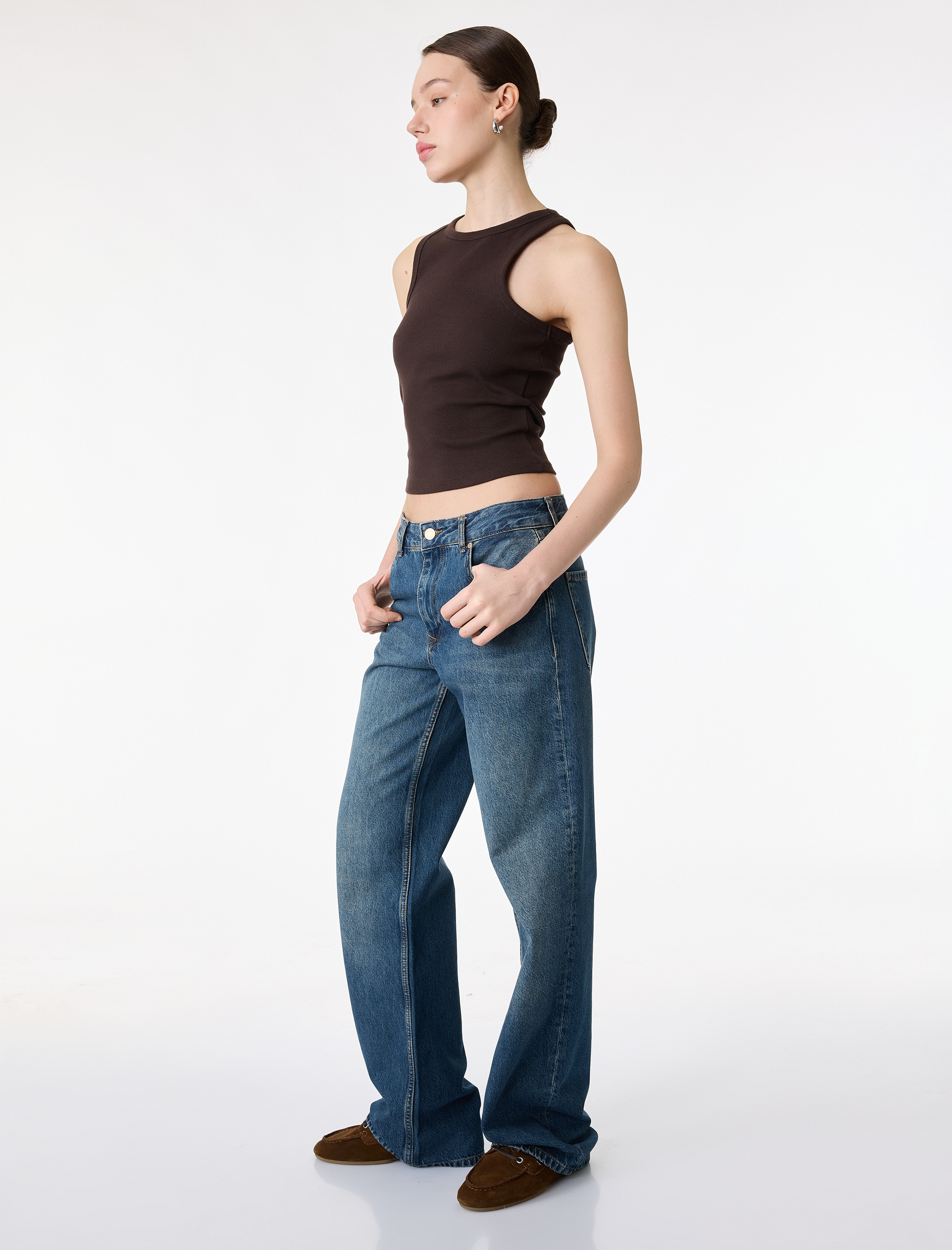   Normal Bel Cepli Düğmeli Düz Paça Pamuklu Denim Pantolon - Straight Fit Jean