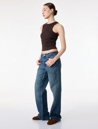 Normal Bel Cepli Düğmeli Düz Paça Pamuklu Denim Pantolon - Straight Fit Jean