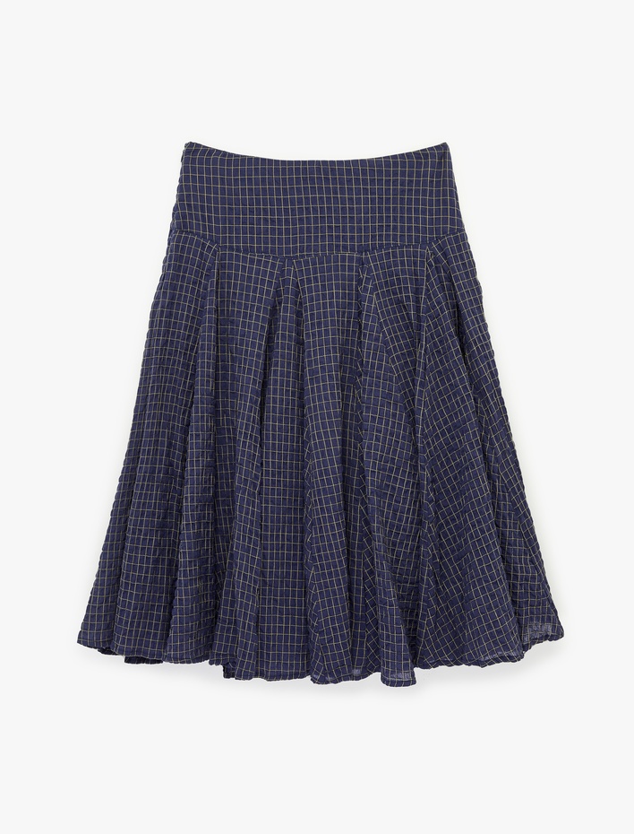  Rahat Kalıp Pamuklu Kareli Pileli Midi Etek