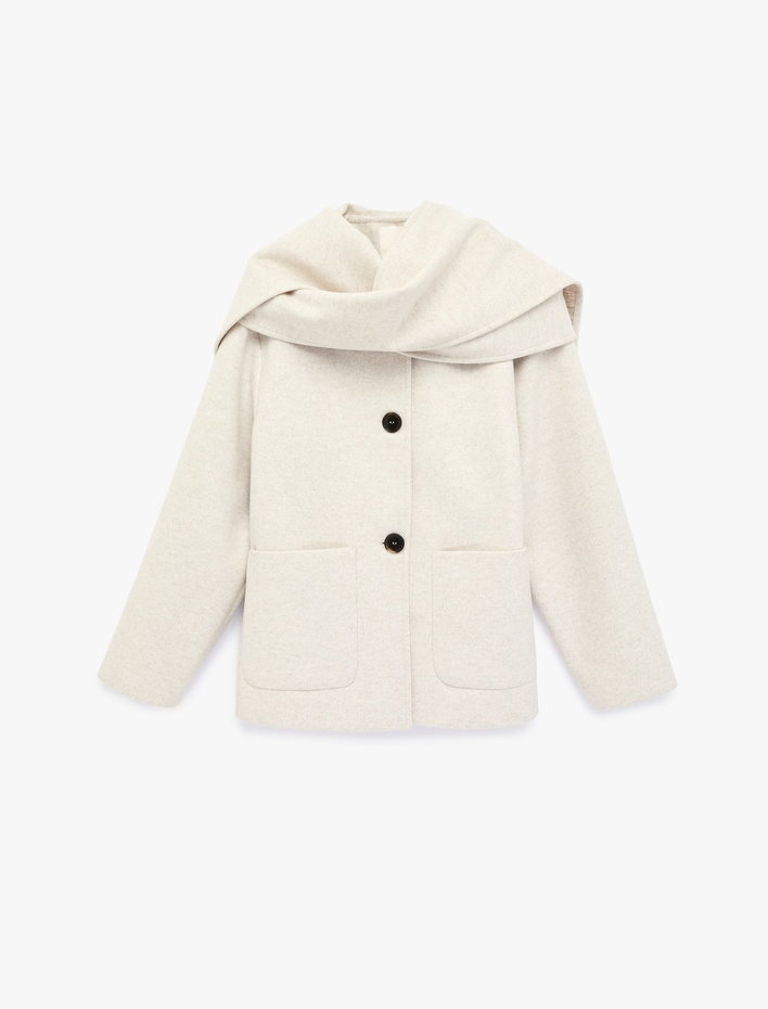  Uzun Kollu Düğmeli Cepli Atkılı Kaşe Ceket