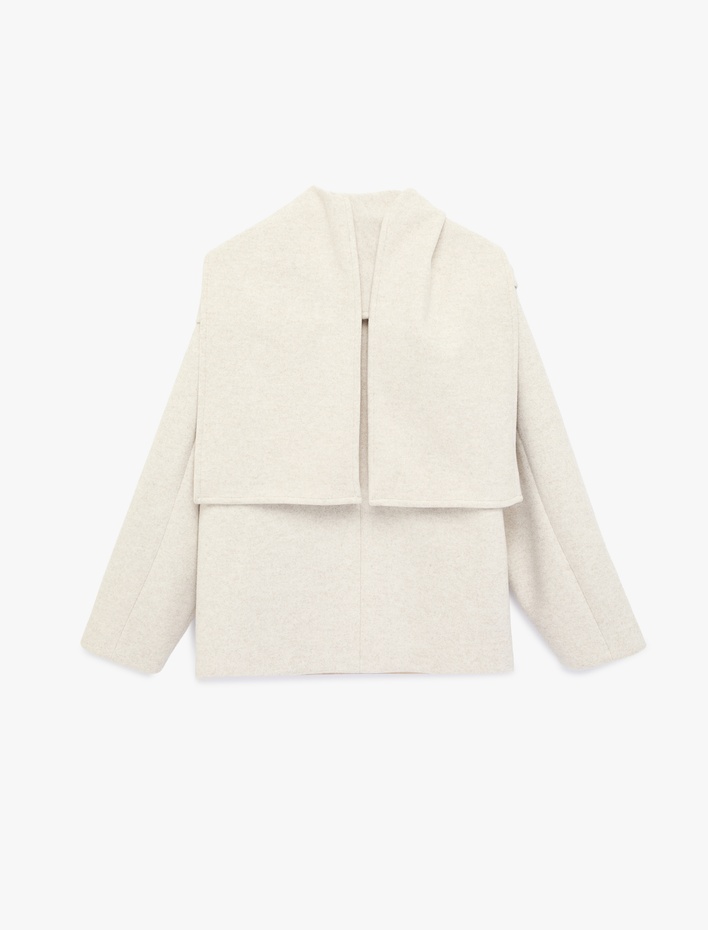  Uzun Kollu Düğmeli Cepli Atkılı Kaşe Ceket