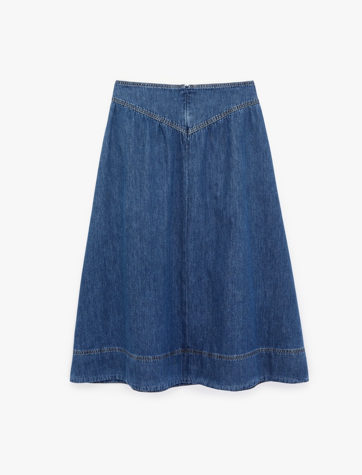  Rahat Kalıp Pamuklu Volanlı Midi Denim Etek