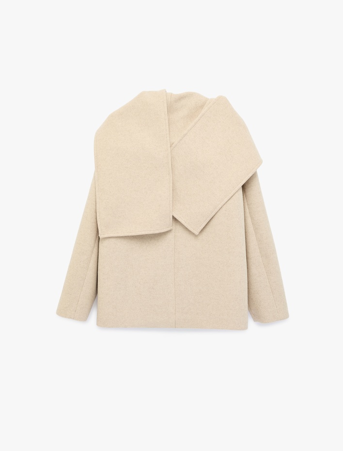  Uzun Kollu Düğmeli Cepli Atkılı Kaşe Ceket