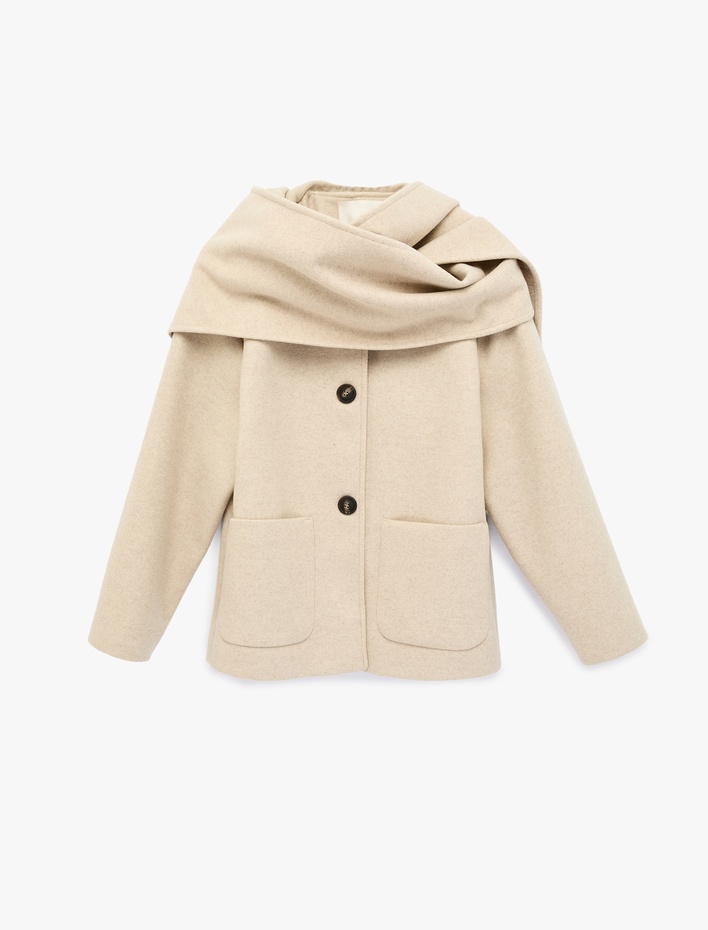  Uzun Kollu Düğmeli Cepli Atkılı Kaşe Ceket