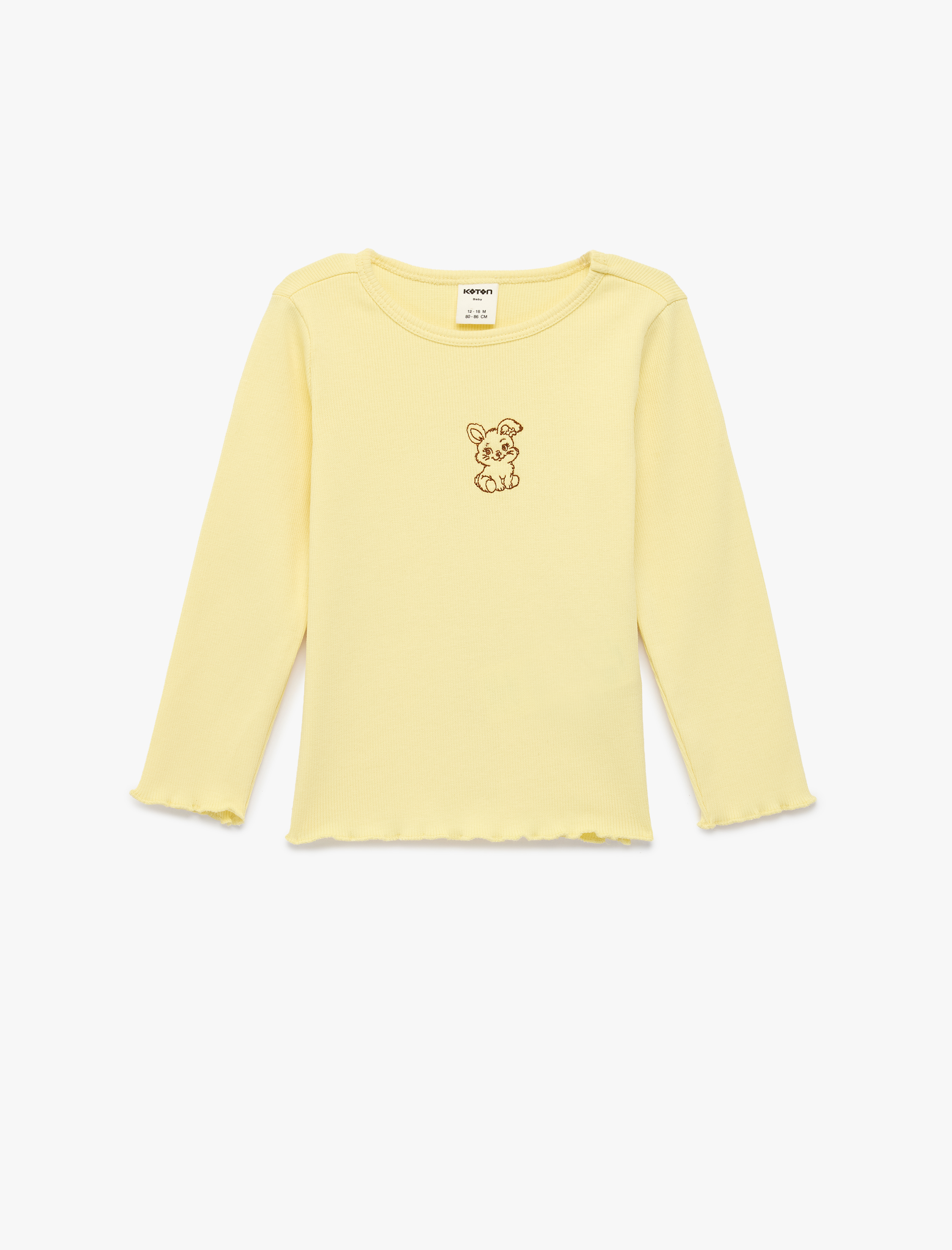  Kız Bebek Ribanalı Nakışlı Uzun Kollu Bisiklet Yaka Pamuklu Tişört