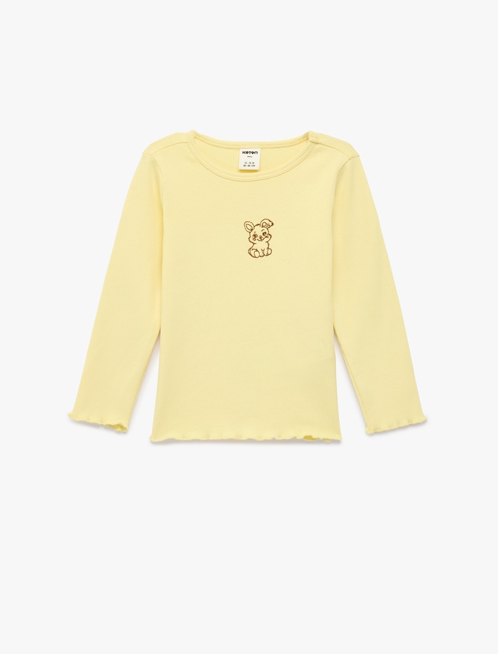 Kız Bebek Ribanalı Nakışlı Uzun Kollu Bisiklet Yaka Pamuklu Tişört