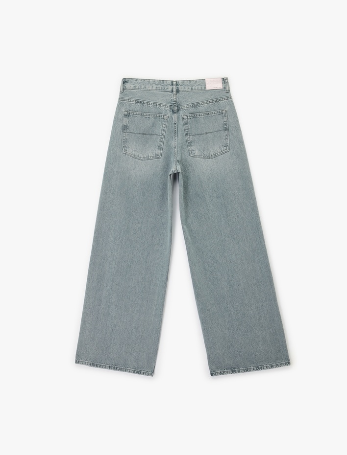  Düz Paça Yüksek Bel Cepli Bol Kalıp Denim Pantolon - Loose Straight Fit Jean