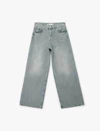 Düz Paça Yüksek Bel Cepli Bol Kalıp Denim Pantolon - Loose Straight Fit Jean
