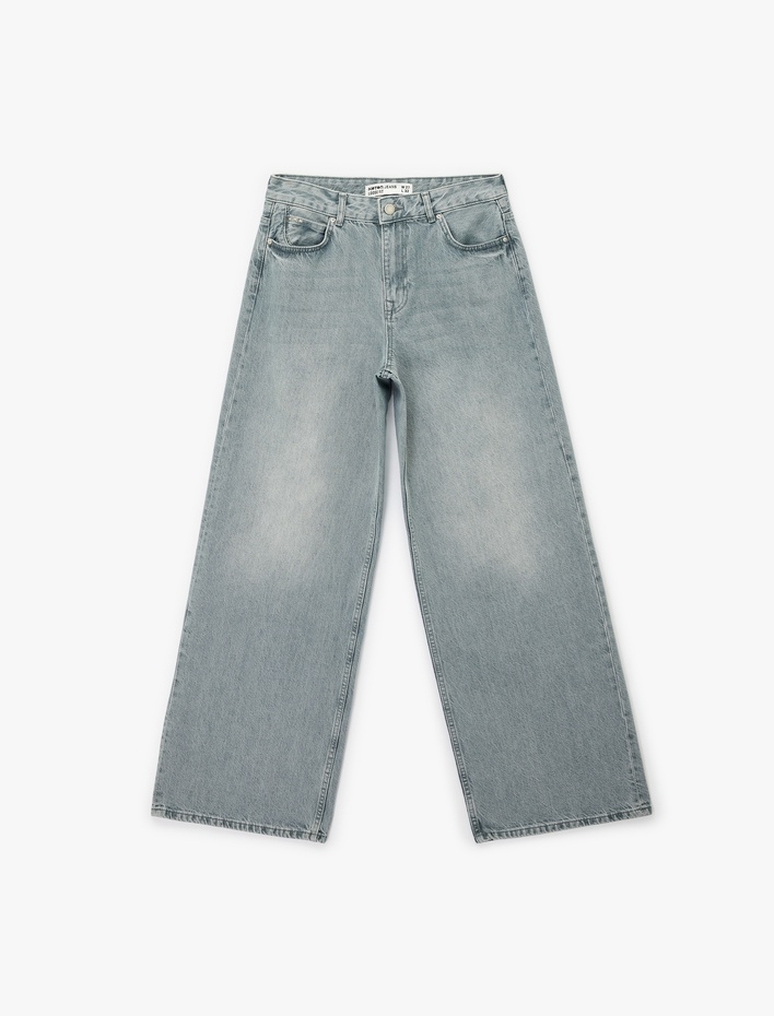  Düz Paça Yüksek Bel Cepli Bol Kalıp Denim Pantolon - Loose Straight Fit Jean