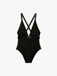 Derin V Yaka Aksesuarlı Kemerli Mayo