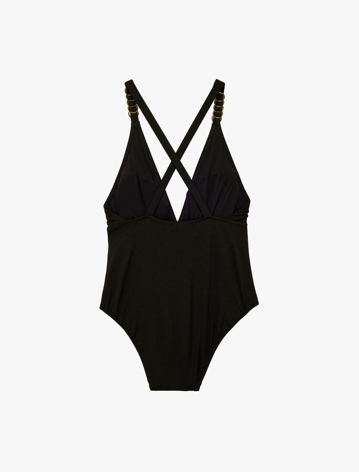  Derin V Yaka Aksesuarlı Kemerli Mayo