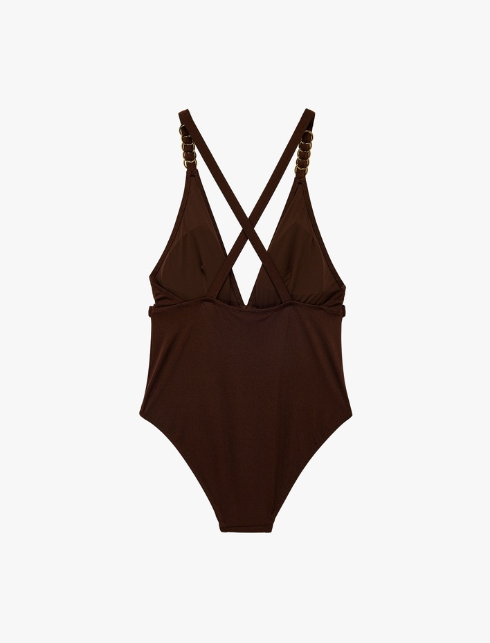  Metal Aksesuarlı Çapraz Askılı Derin V Yaka Mayo