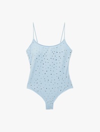 U Yaka İnce Askılı Taşlı Mayo