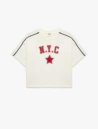 Pamuklu Kısa Kollu Bisiklet Yaka Baskılı Tişört