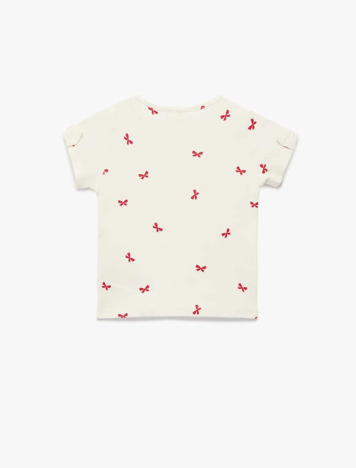 Kız Bebek Pamuklu Fiyonk Detaylı Kısa Kollu Bisiklet Yaka Tişört