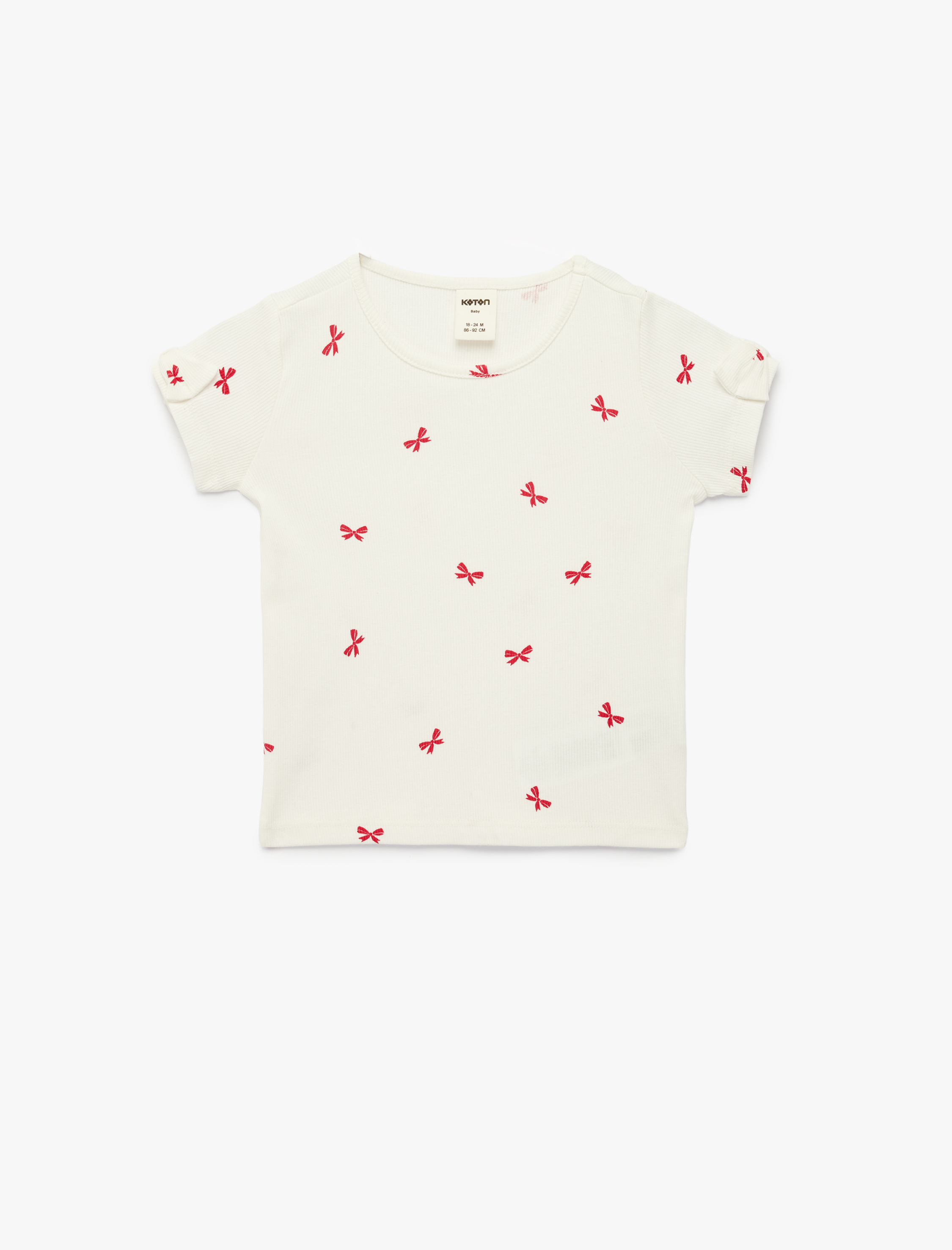  Kız Bebek Pamuklu Fiyonk Detaylı Kısa Kollu Bisiklet Yaka Tişört