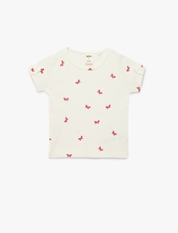 Pamuklu Fiyonk Detaylı Kısa Kollu Bisiklet Yaka Tişört