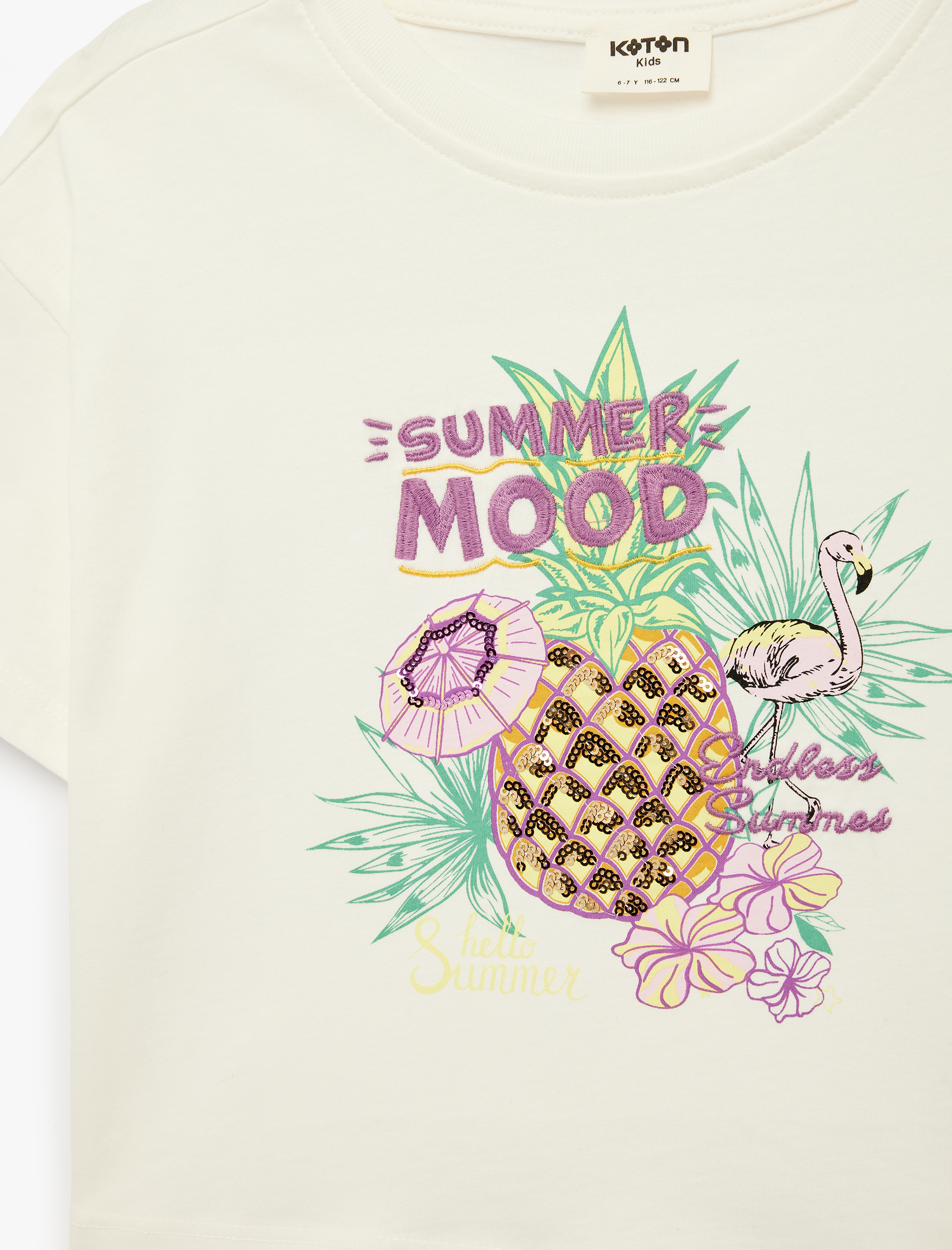  Kız Çocuk Baskılı Kısa Kollu Bisiklet Yaka Pullu Payetli Pamuklu Tişört